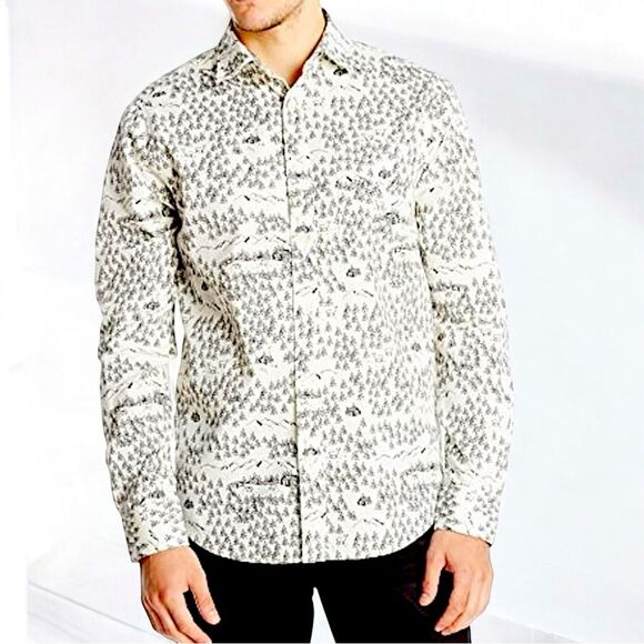 Organic Cotton ‘Madison’ White Black Mountain Scenery Patterned Shirt Medium - Picture 1 of 9